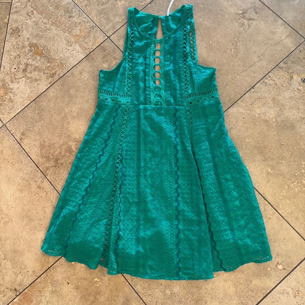 Free People‎ Green Lace Eyelet Cutout Fit Flare Mini Dress Women's Size 8 NWOT